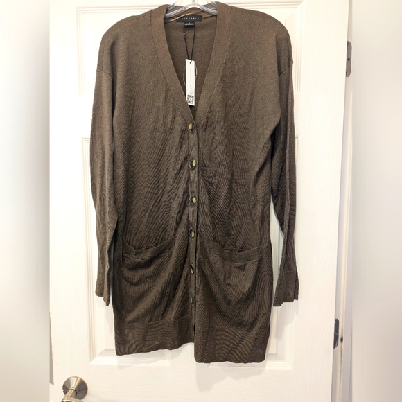 Sanctuary Long Cardigan Sweater olive army green NWT M button down cotton pocket - Picture 1 of 8